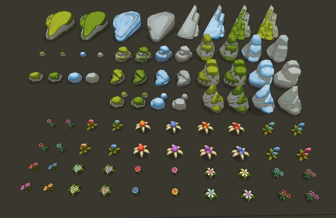 Painted Stones and Plants Low-poly 3D model