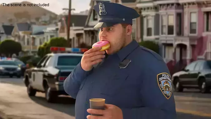 Fat NYPD Cop with Coffee and Donut Fur 3D model