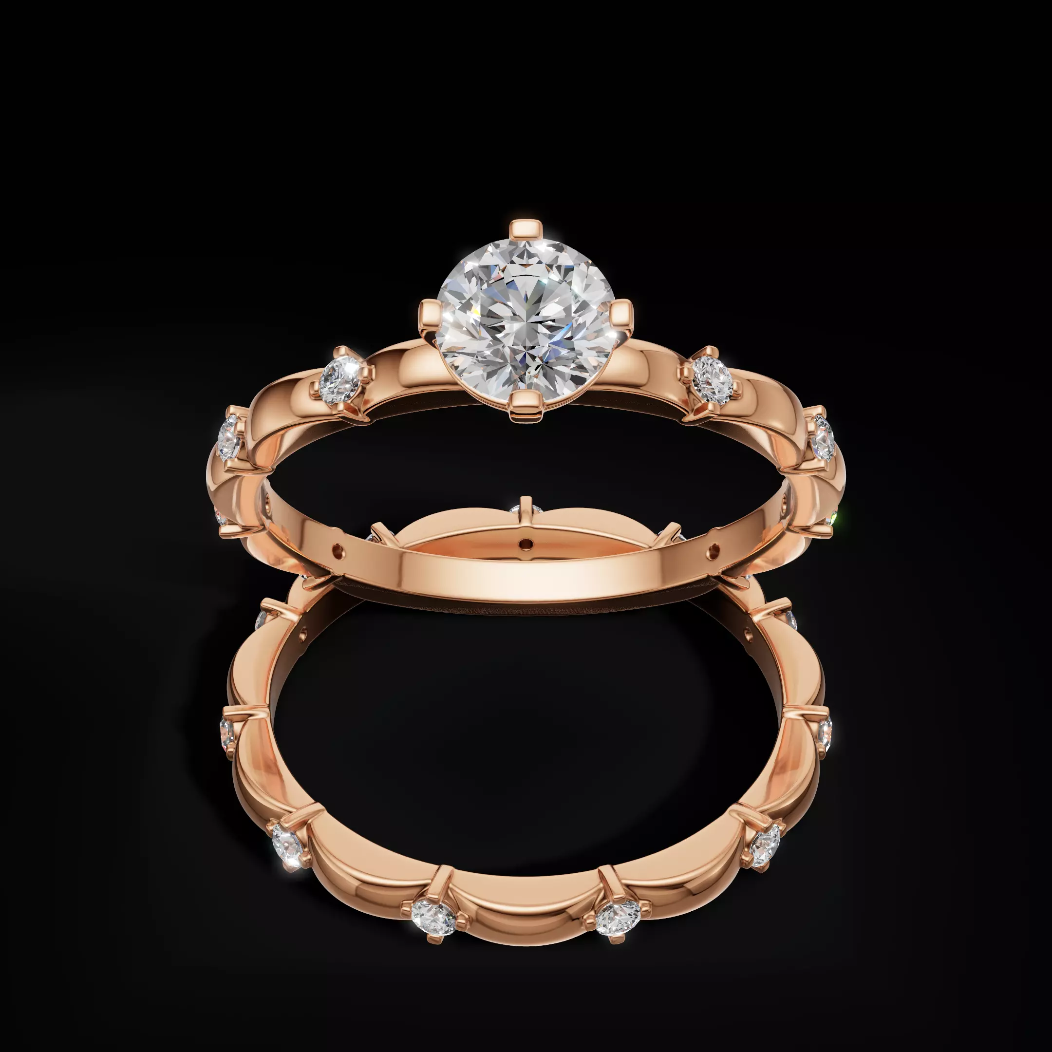 Scalloped Engagement Ring Matching Eternity Band Customizable 3D Model Collection_0