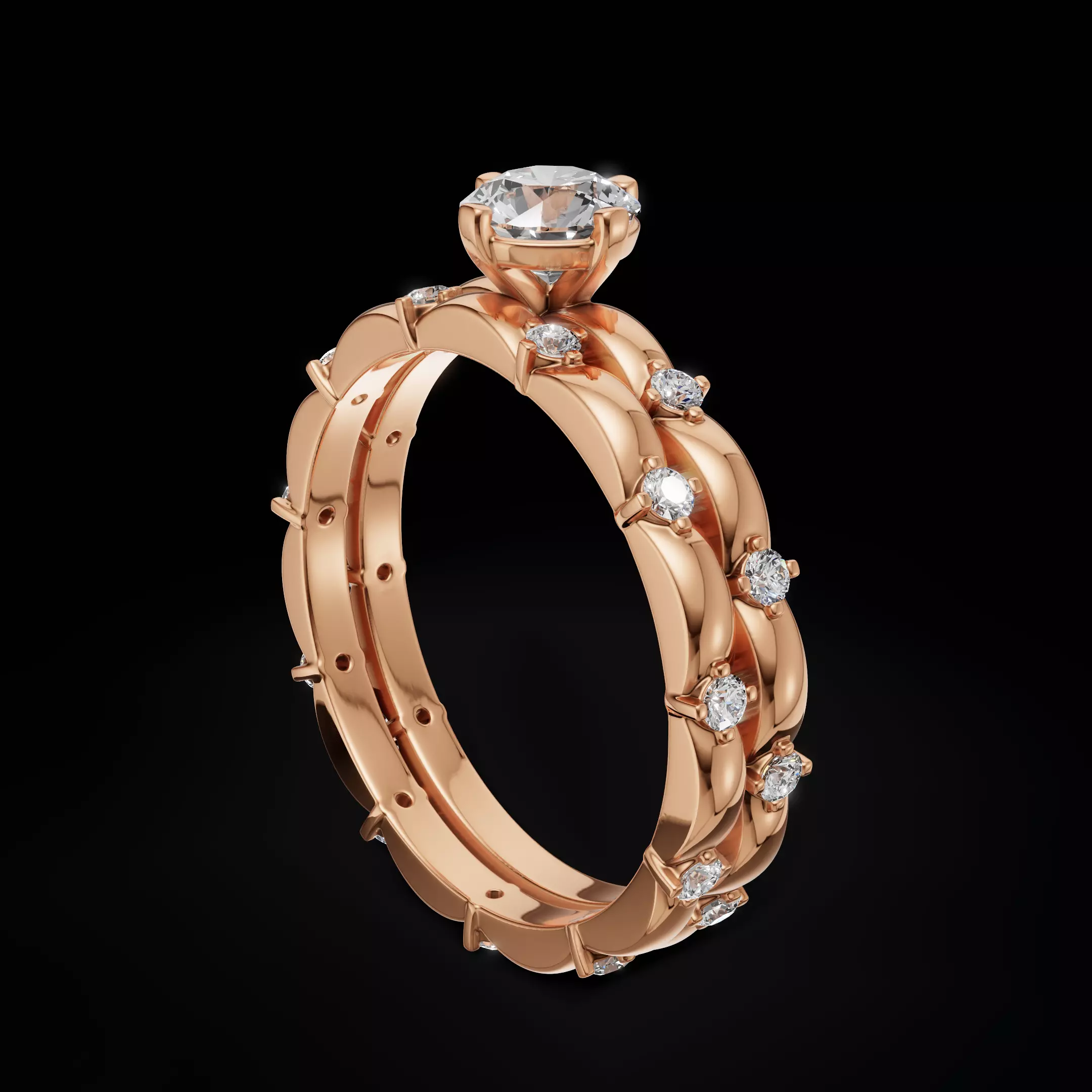 Scalloped Engagement Ring Matching Eternity Band Customizable 3D Model Collection_2