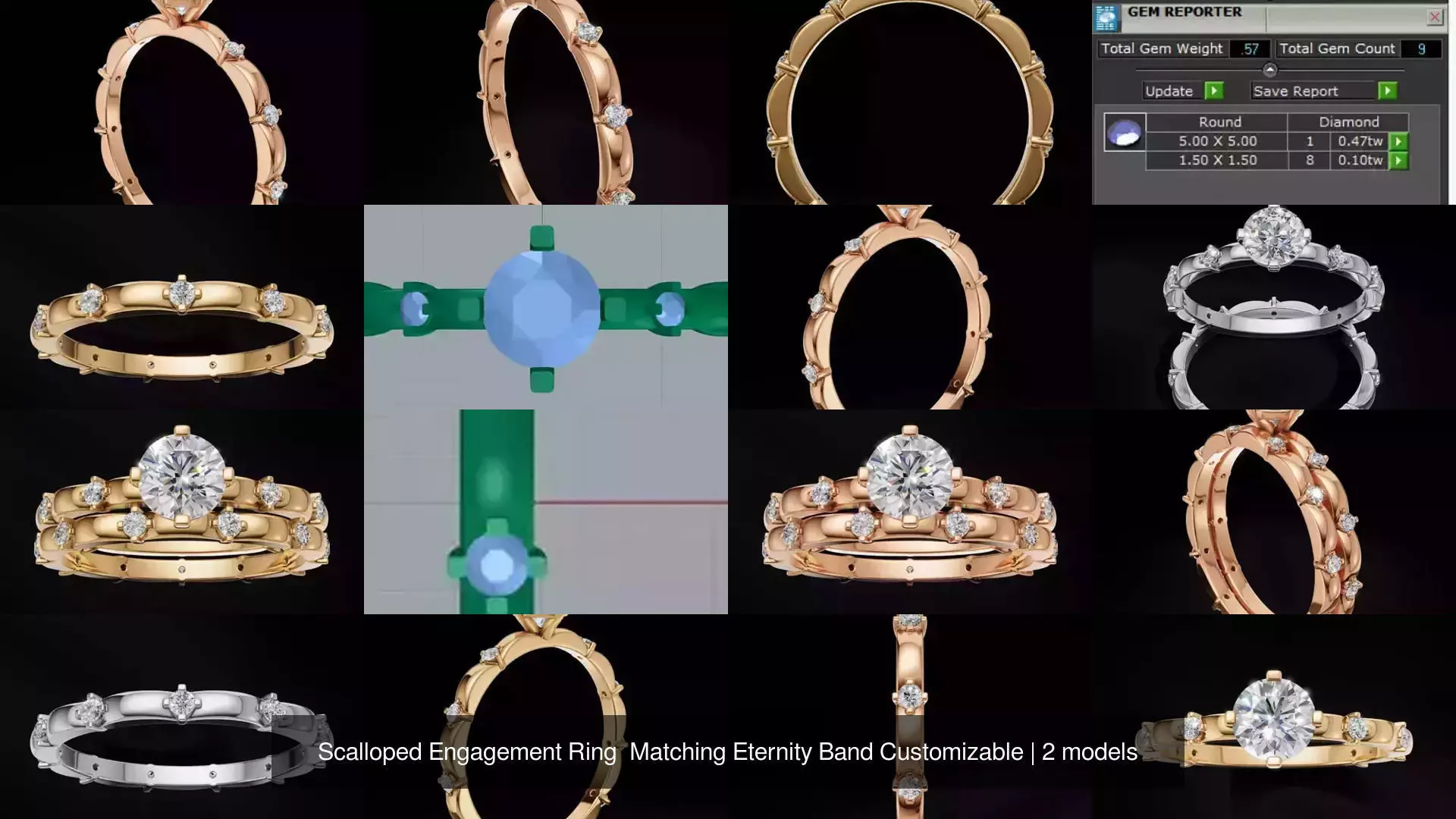 Scalloped Engagement Ring Matching Eternity Band Customizable 3D Model Collection_1