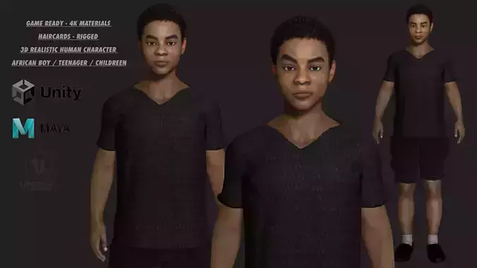AAA 3D REALISTIC CHARACTER - AFRICAN BOY TEENAGER CHILDREN 1 Low-poly 3D model