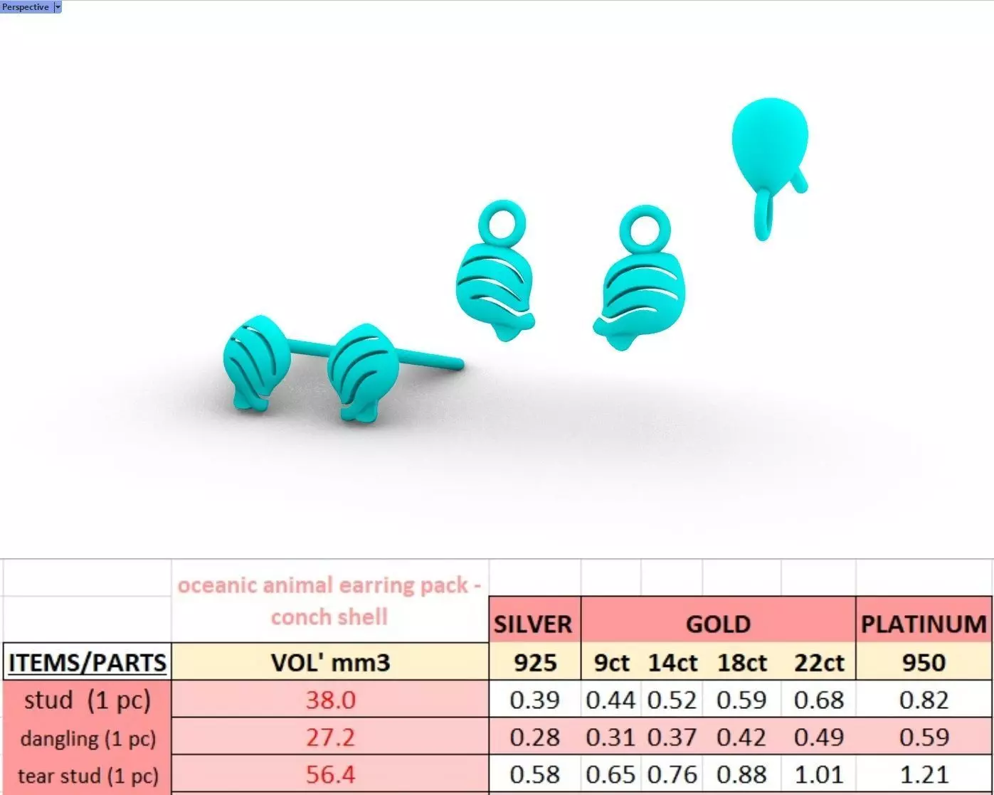 Ocenic Animal Stud and Dangling Earring Pack - Conch Shell 3D print model_24