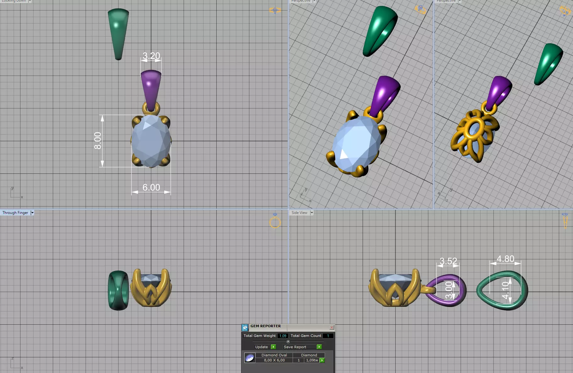 8x6 Oval Stone Pendant 1ct Oval Gem Delicate Necklace 3D print model_5