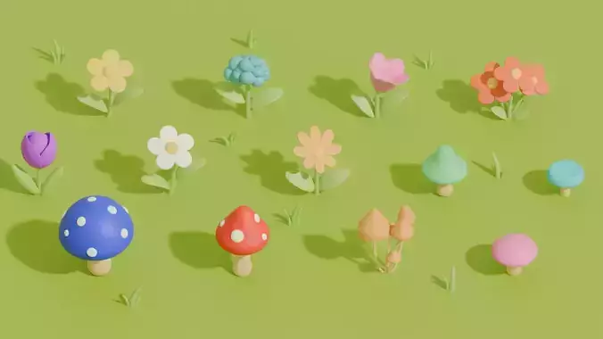 Stylized Cartoon Flowers and Mushrooms Low-poly 3D model