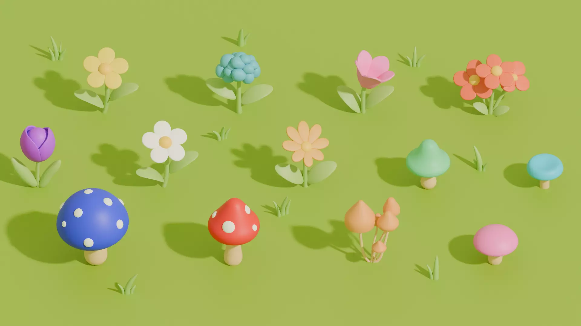 Stylized Cartoon Flowers and Mushrooms Low-poly 3D model