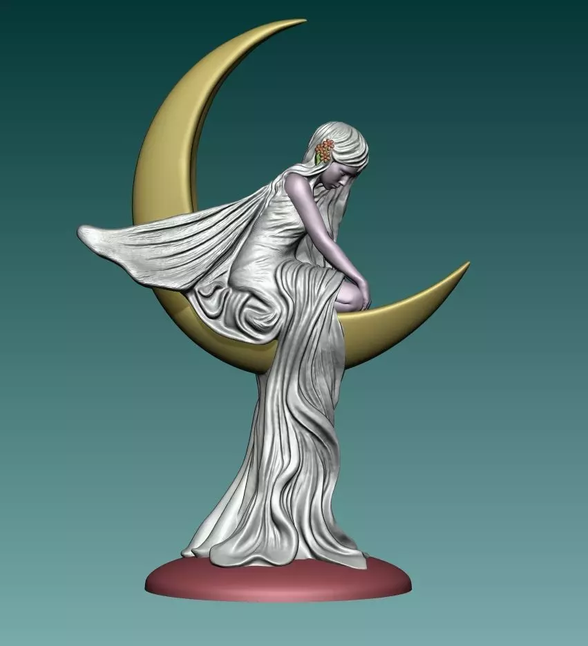 Fairy on the Crescent Moon Statue 3D print model_5