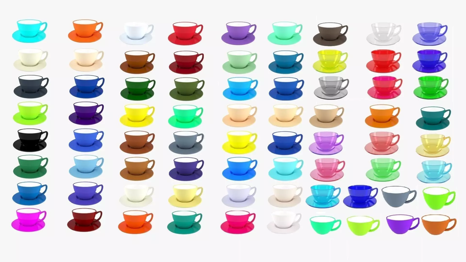 Bundle of 74 most used colors based Coffee Tea Cups with Saucer 3D Model Collection_0