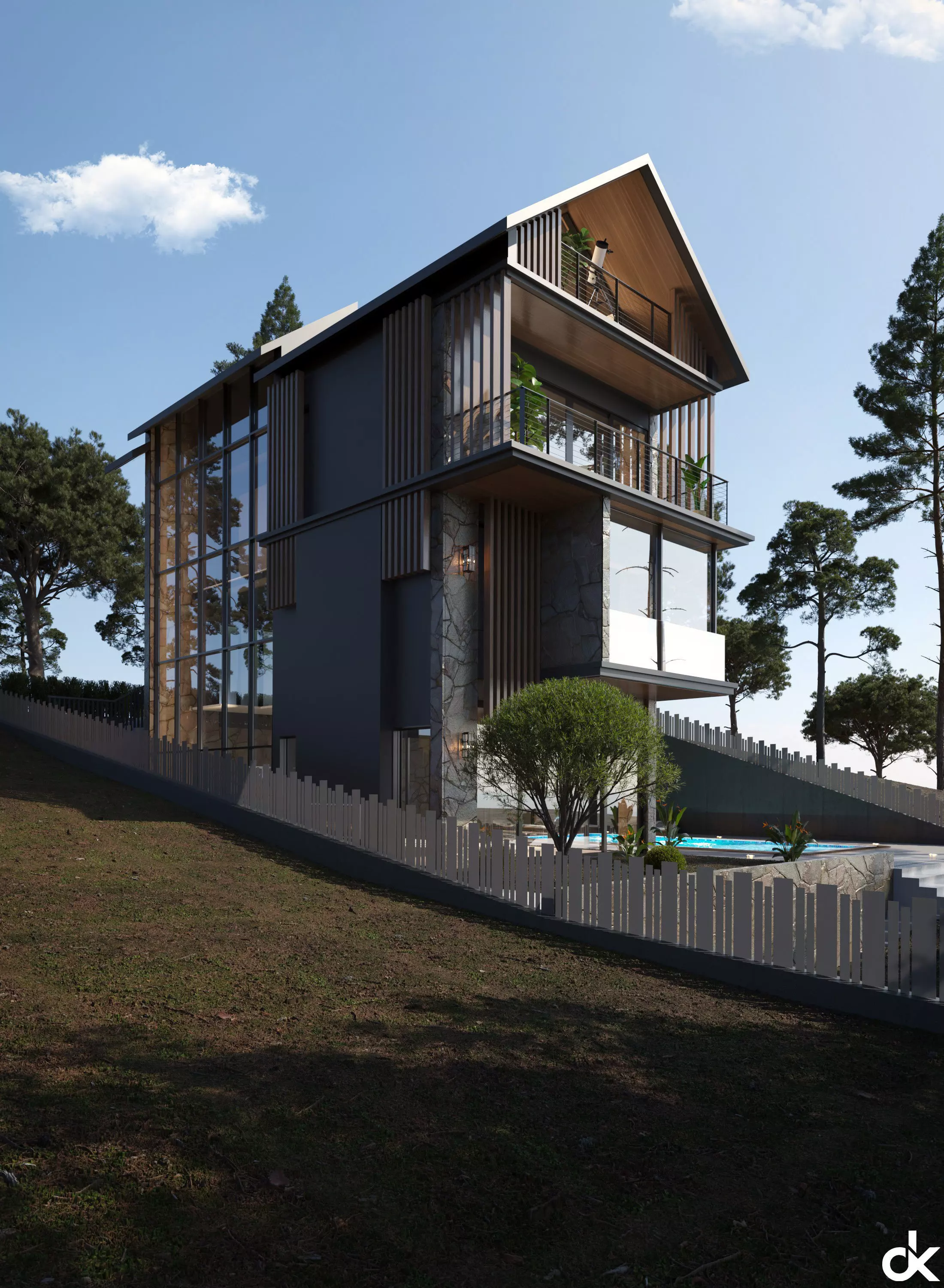 Modern Villa Exterior Scene 3D model_6