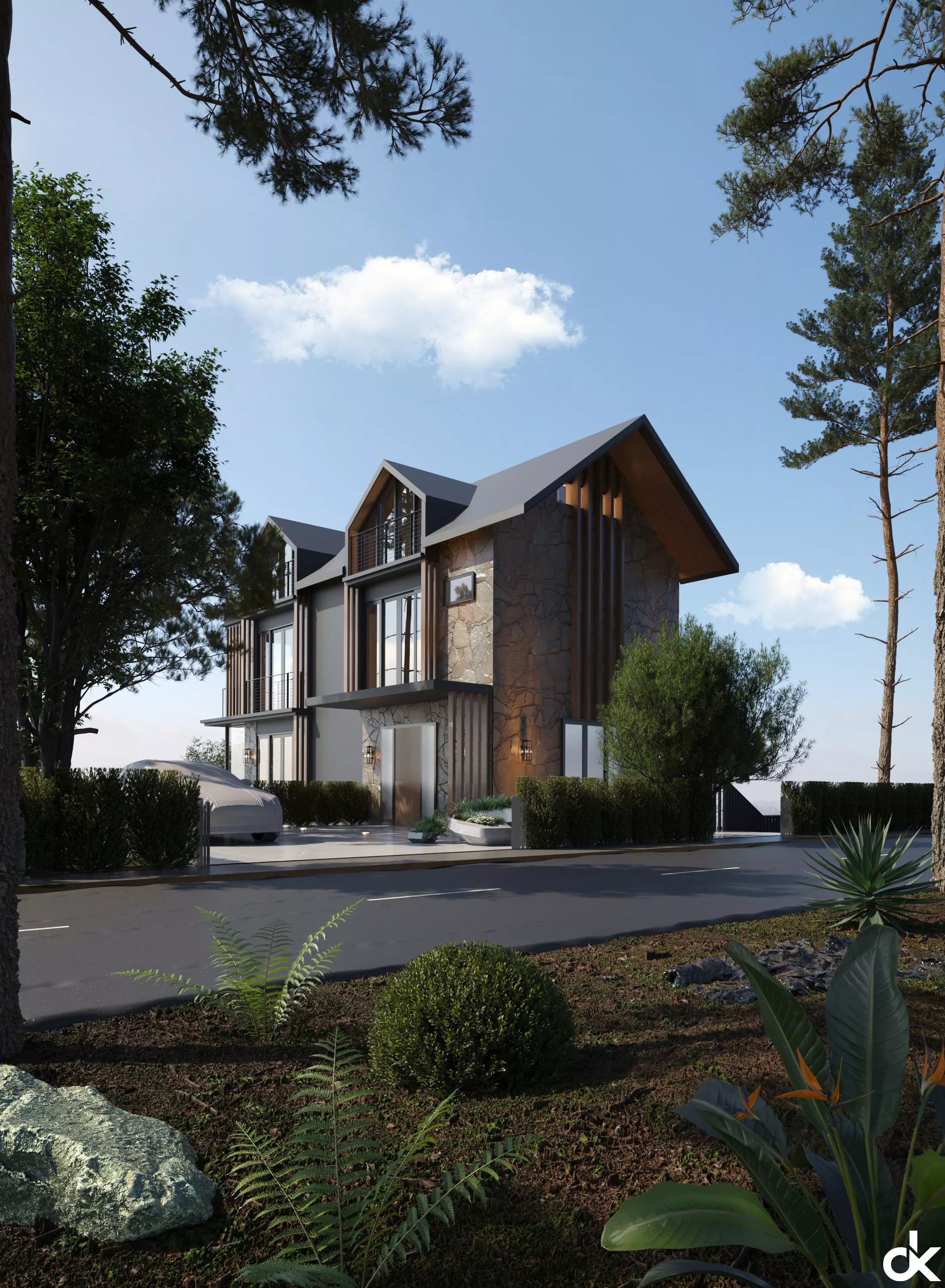 Modern Villa Exterior Scene 3D model_0