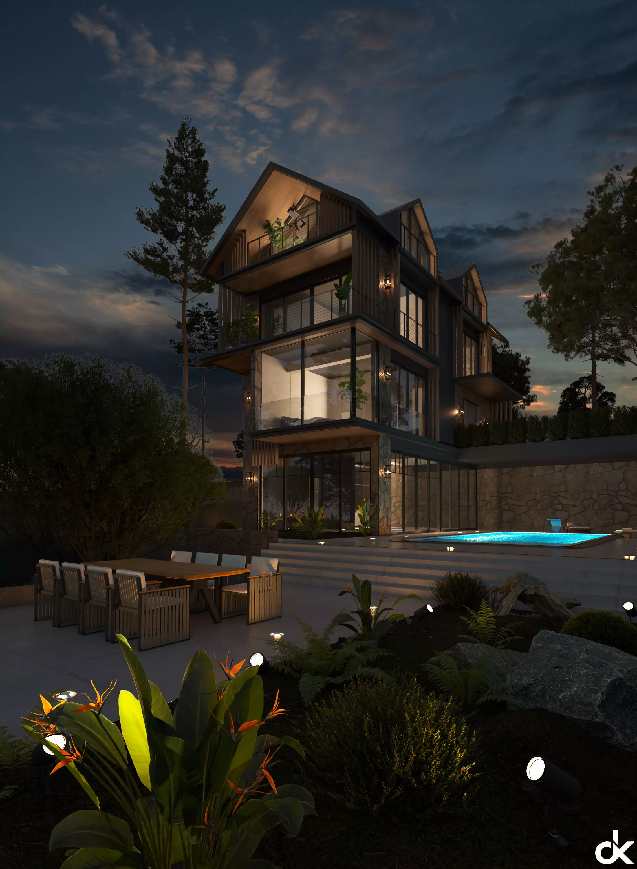 Modern Villa Exterior Scene 3D model_4