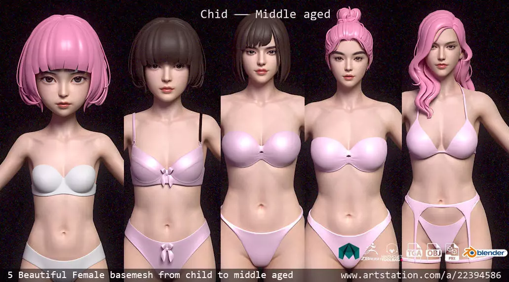 5 Fine-Looking Beautiful Female basemesh Low-poly 3D model_13
