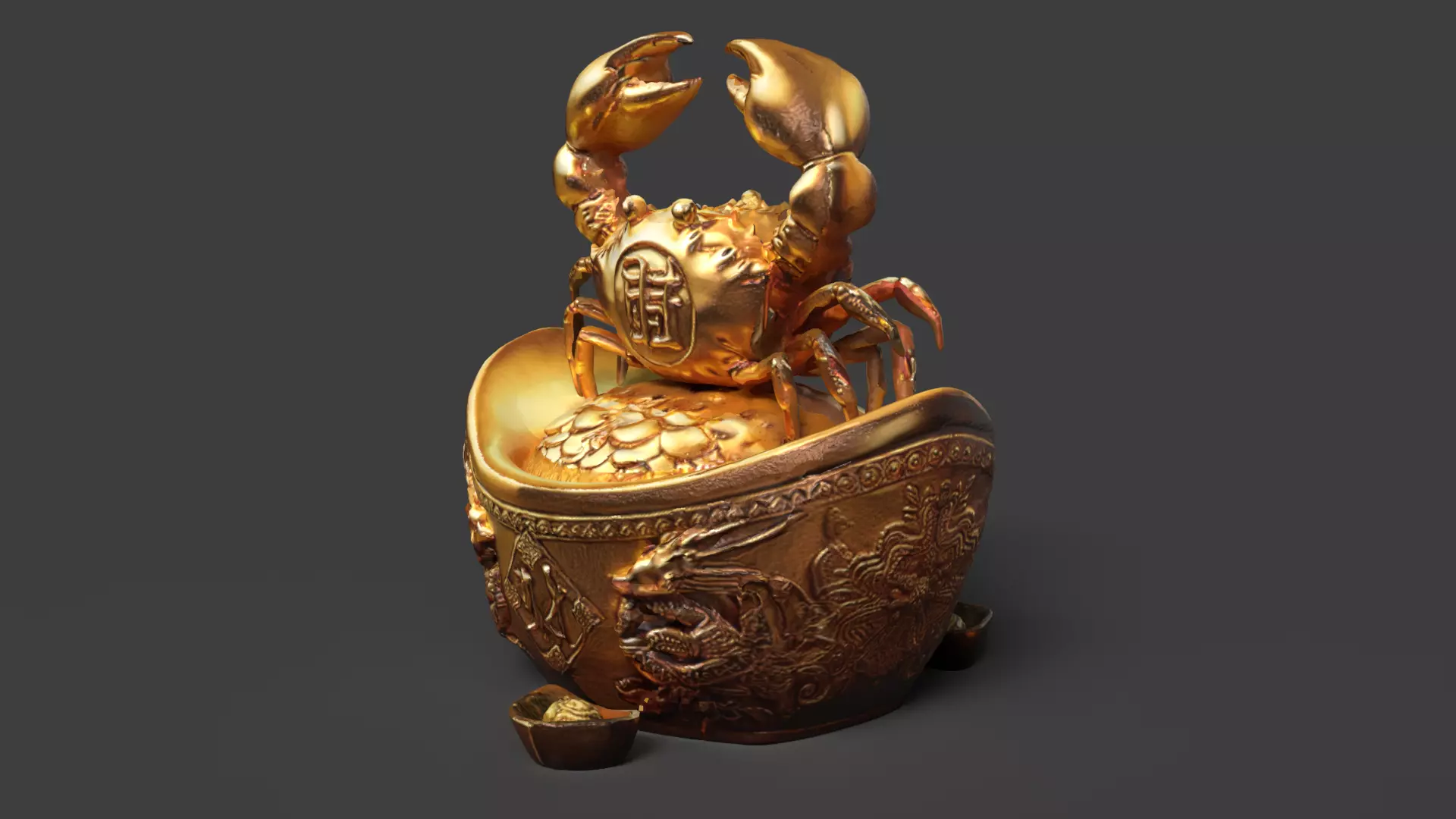 Chinese gold ingot with crab Low-poly 3D model_2