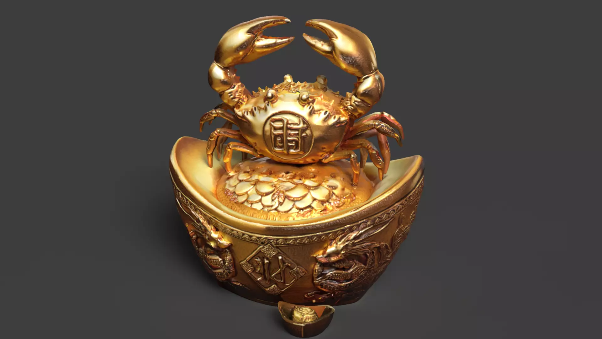 Chinese gold ingot with crab Low-poly 3D model_3