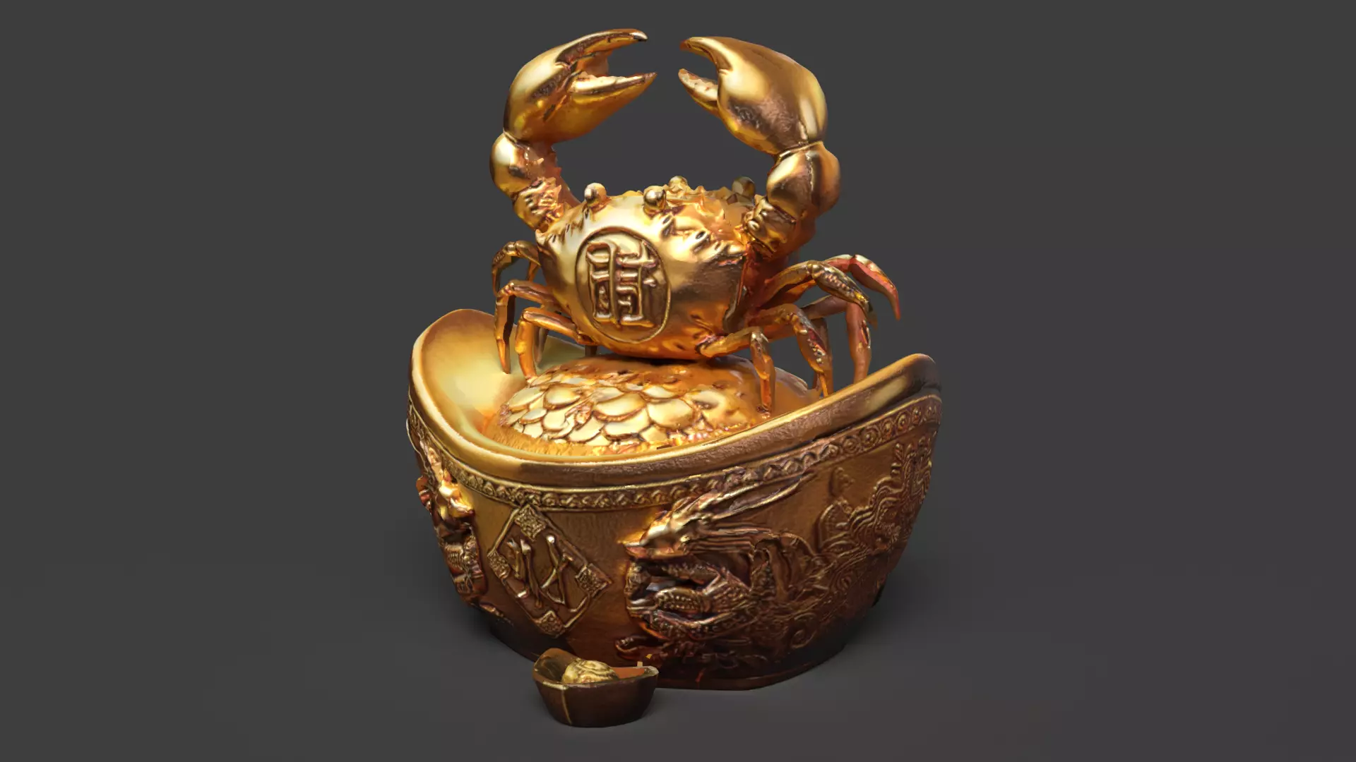 Chinese gold ingot with crab Low-poly 3D model_0