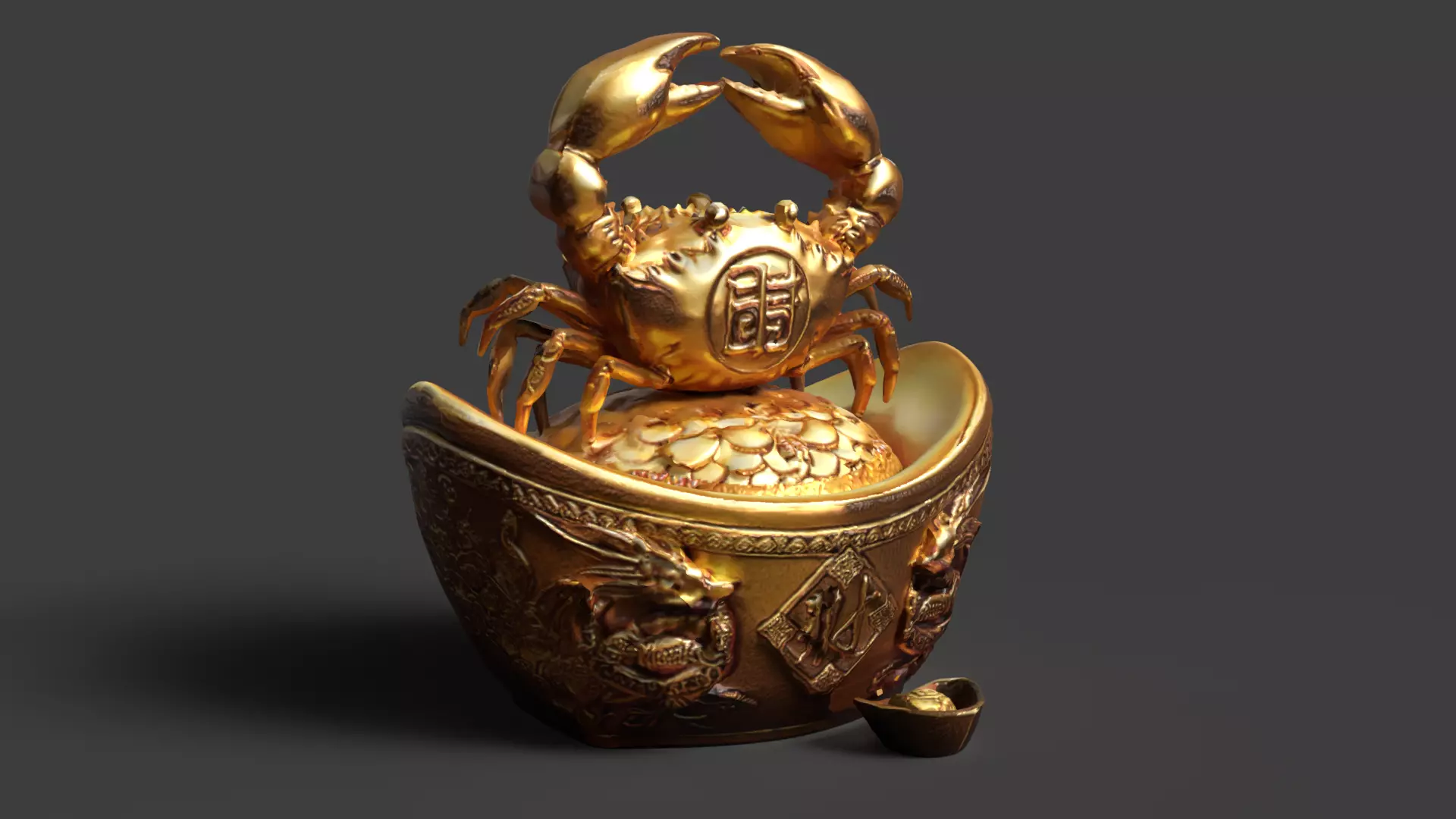 Chinese gold ingot with crab Low-poly 3D model_5