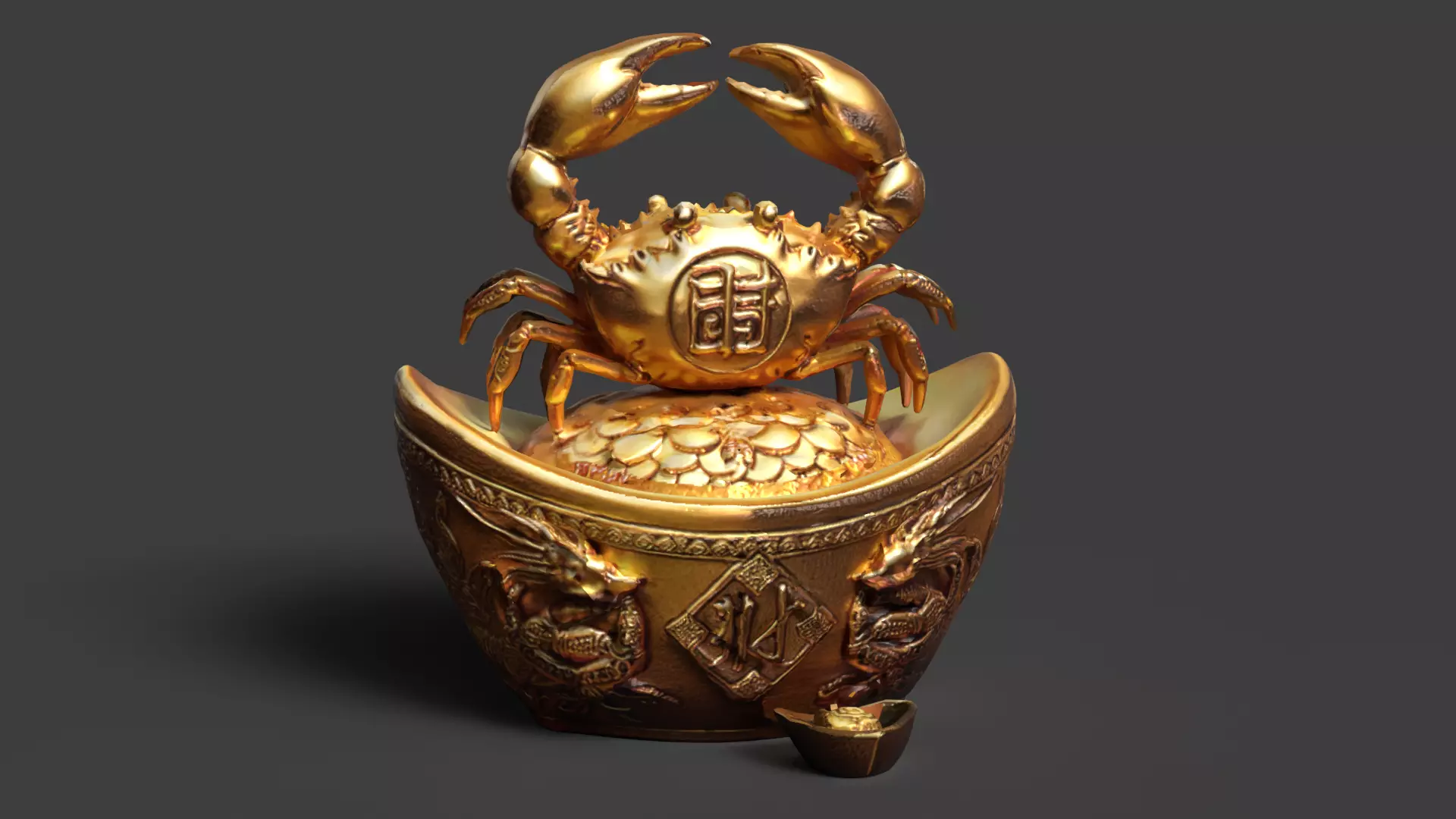 Chinese gold ingot with crab Low-poly 3D model_4