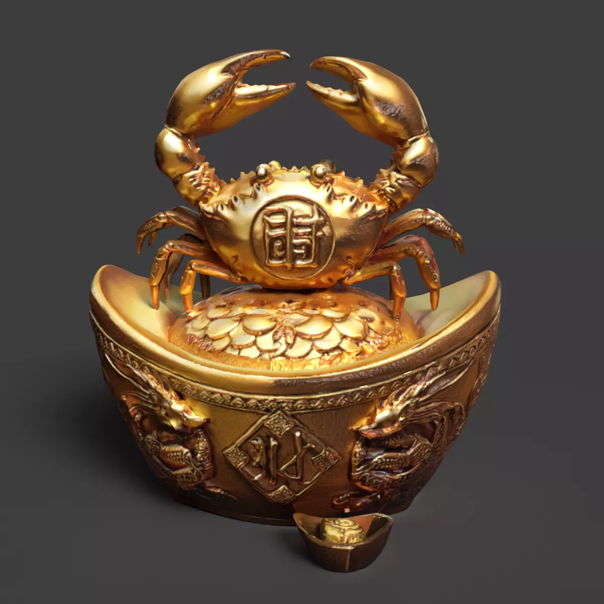 Chinese gold ingot with crab Low-poly 3D model_6