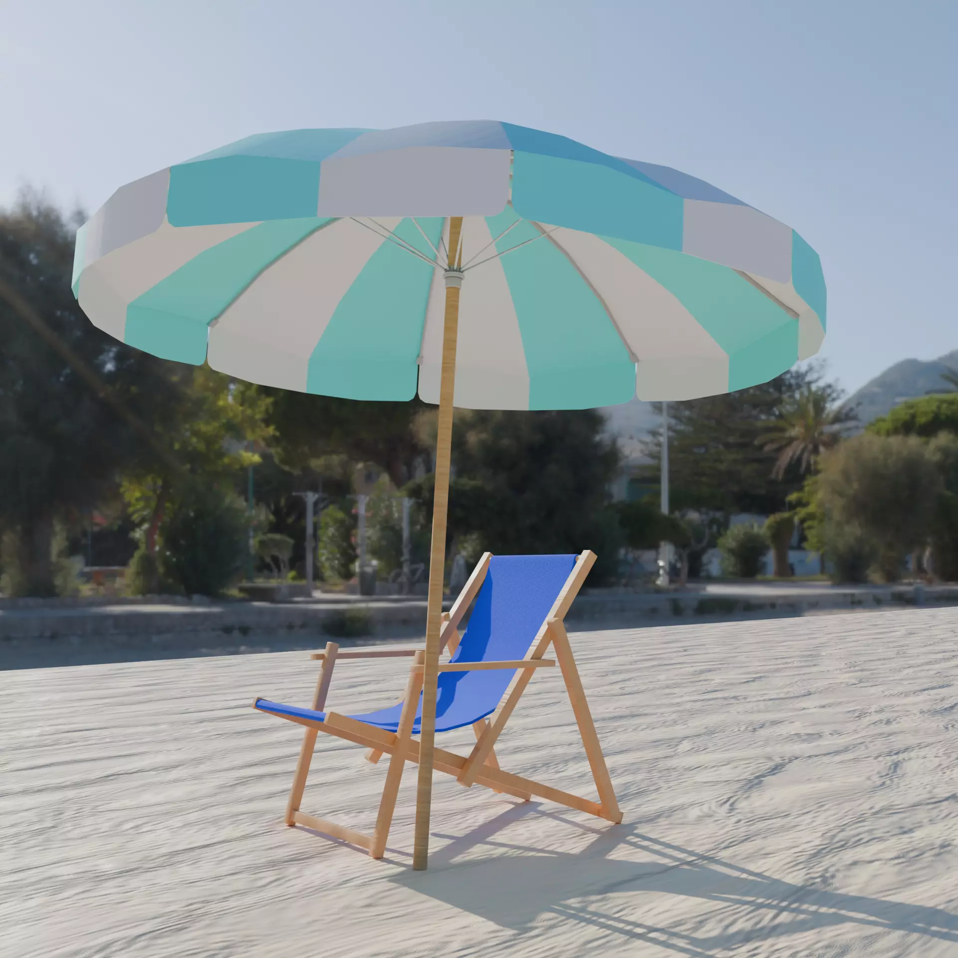 Beach Set - Umbrella and sunbed Low-poly 3D model_2