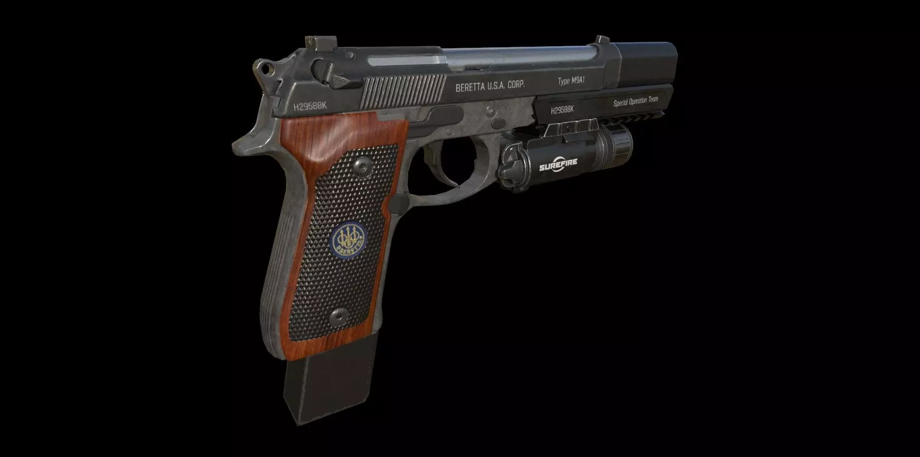 Berettam9 handgun with extended mag and muzzle - Low Poly Low-poly 3D model_6