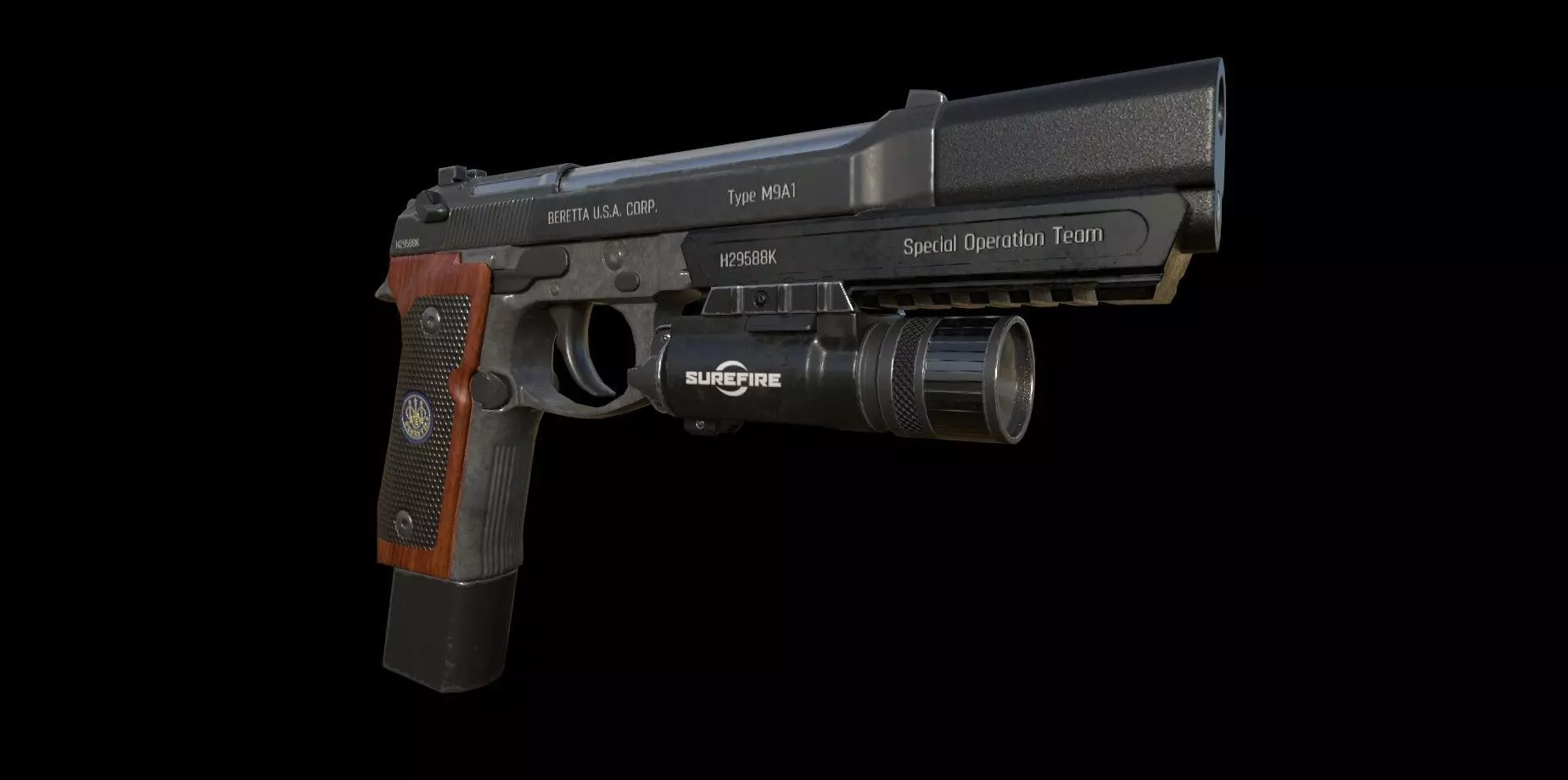 Berettam9 handgun with extended mag and muzzle - Low Poly Low-poly 3D model_1