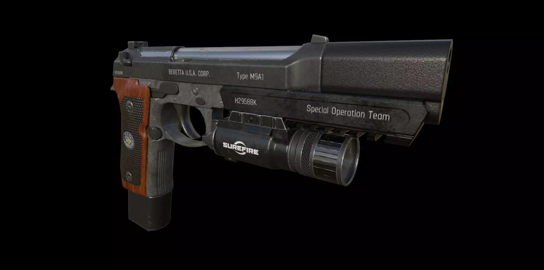 Berettam9 handgun with extended mag and muzzle - Low Poly Low-poly 3D model_9