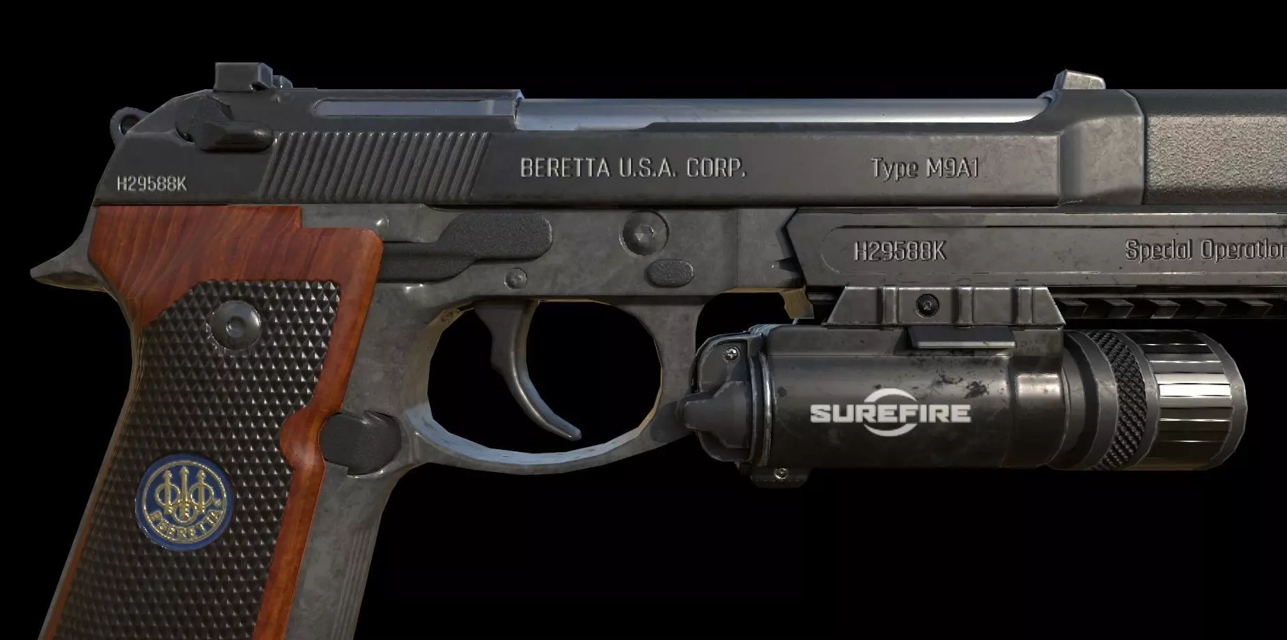 Berettam9 handgun with extended mag and muzzle - Low Poly Low-poly 3D model_8