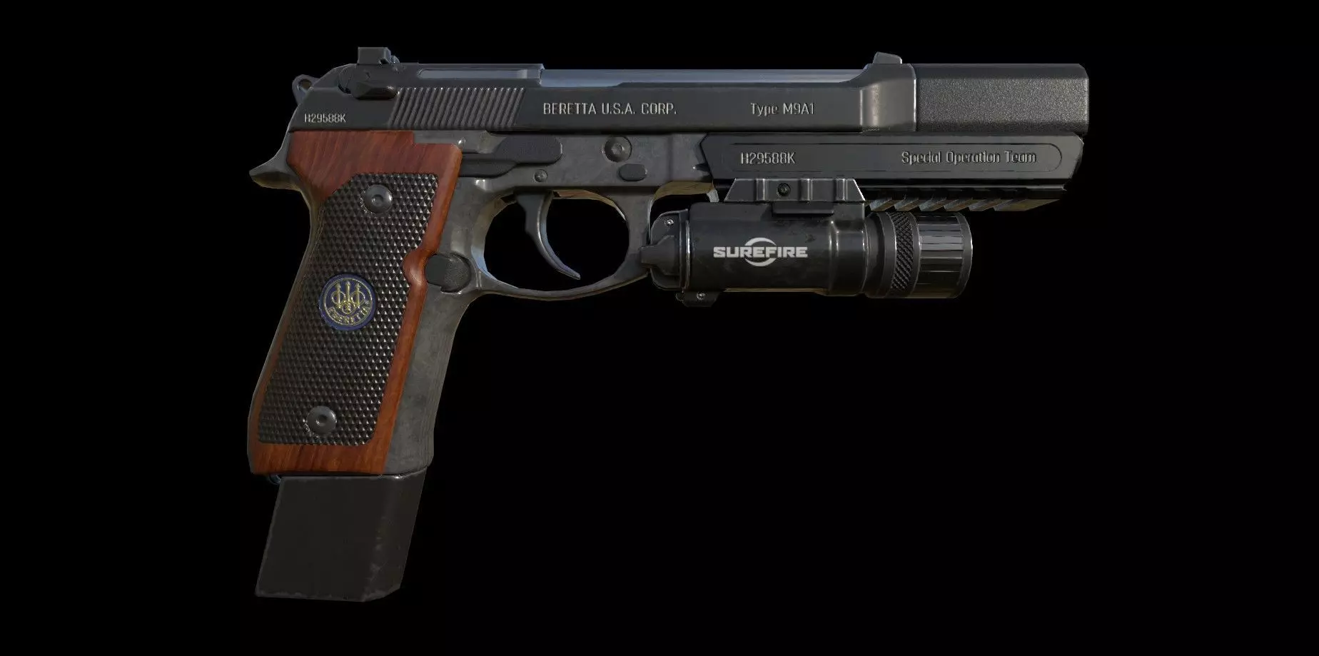 Berettam9 handgun with extended mag and muzzle - Low Poly Low-poly 3D model_5