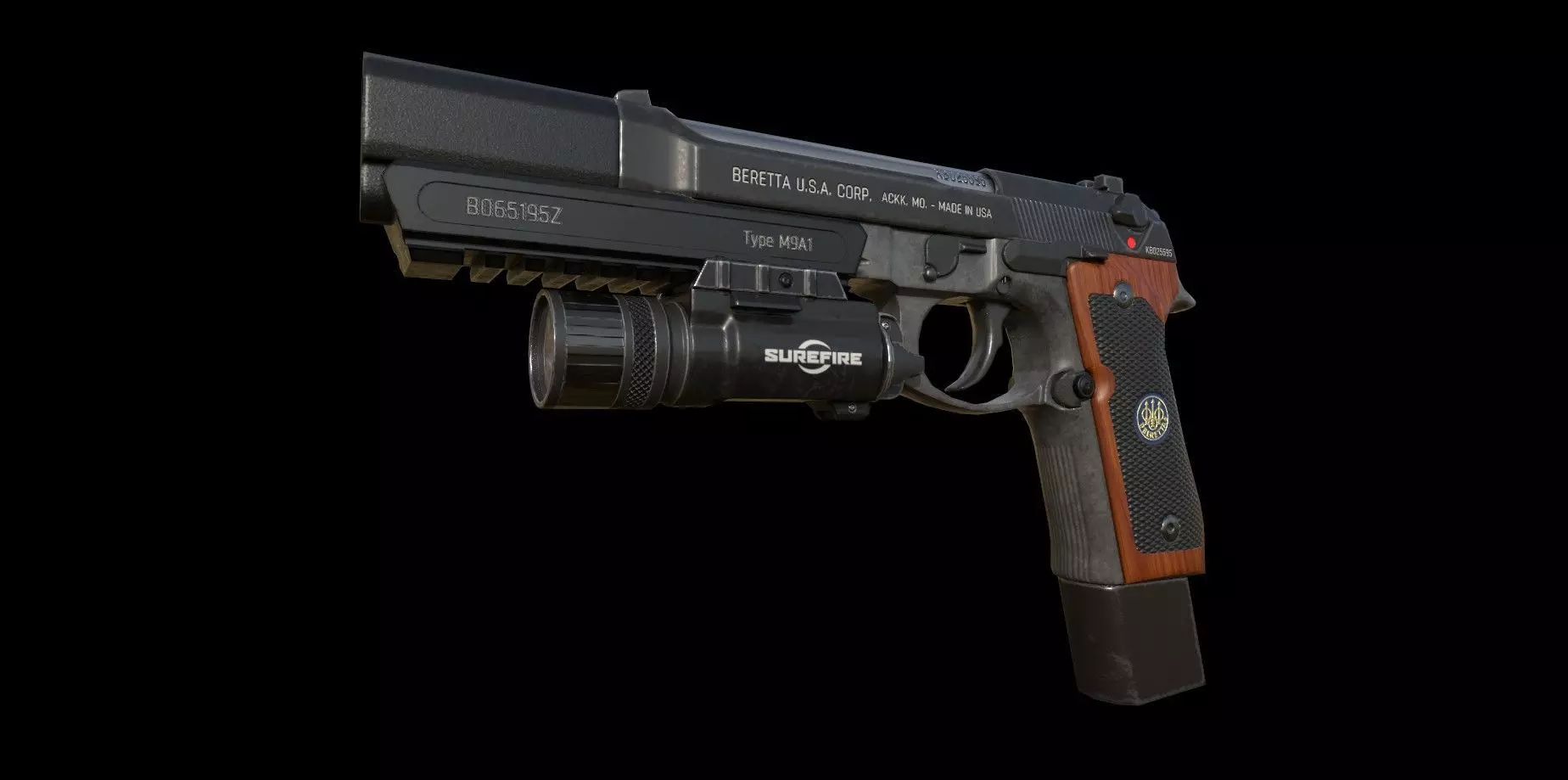 Berettam9 handgun with extended mag and muzzle - Low Poly Low-poly 3D model_4