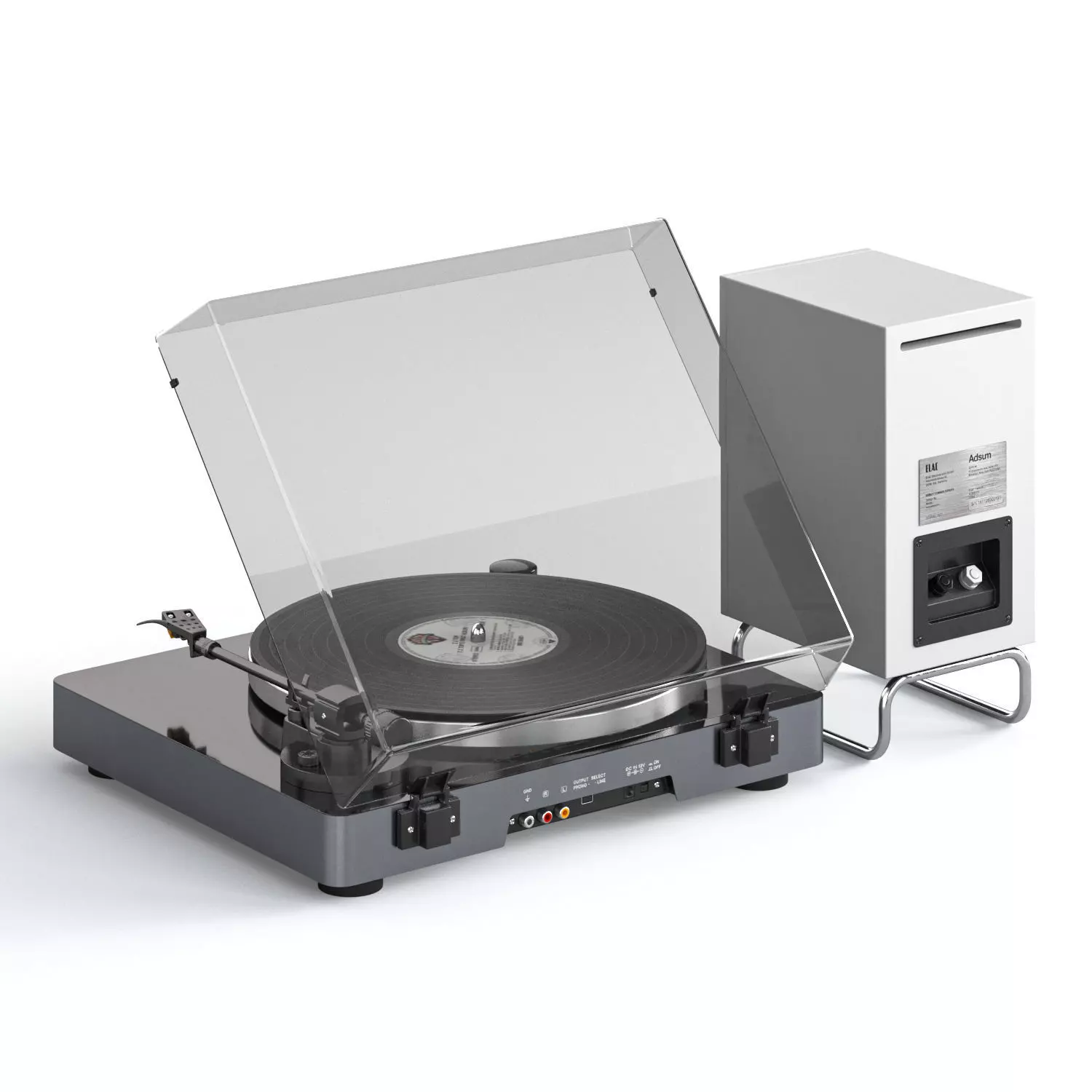 Vinyl player ELAC turntable with speakers and records 3D model_5