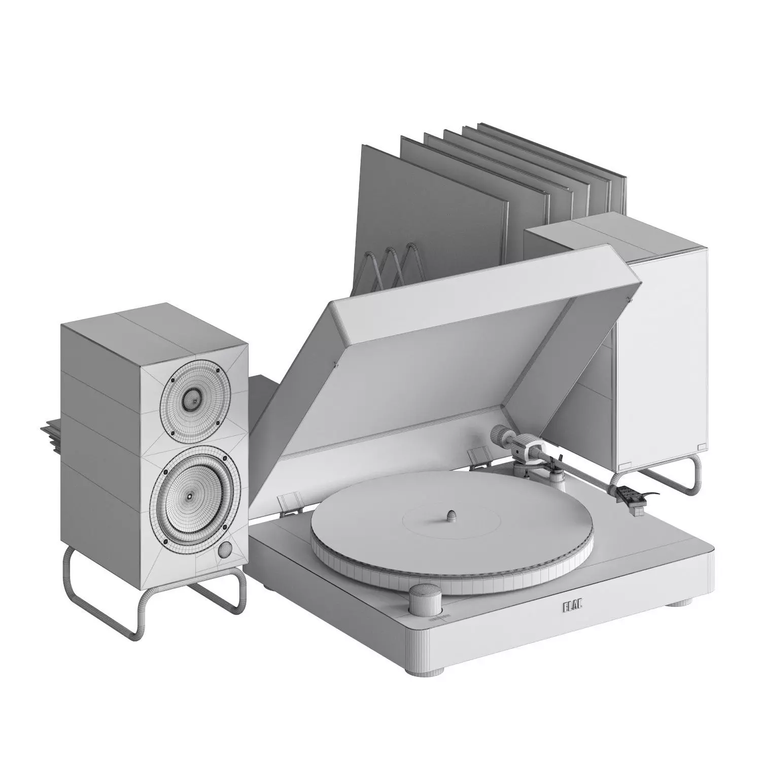 Vinyl player ELAC turntable with speakers and records 3D model_6