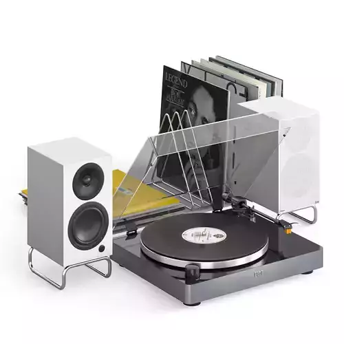 Vinyl player ELAC turntable with speakers and records