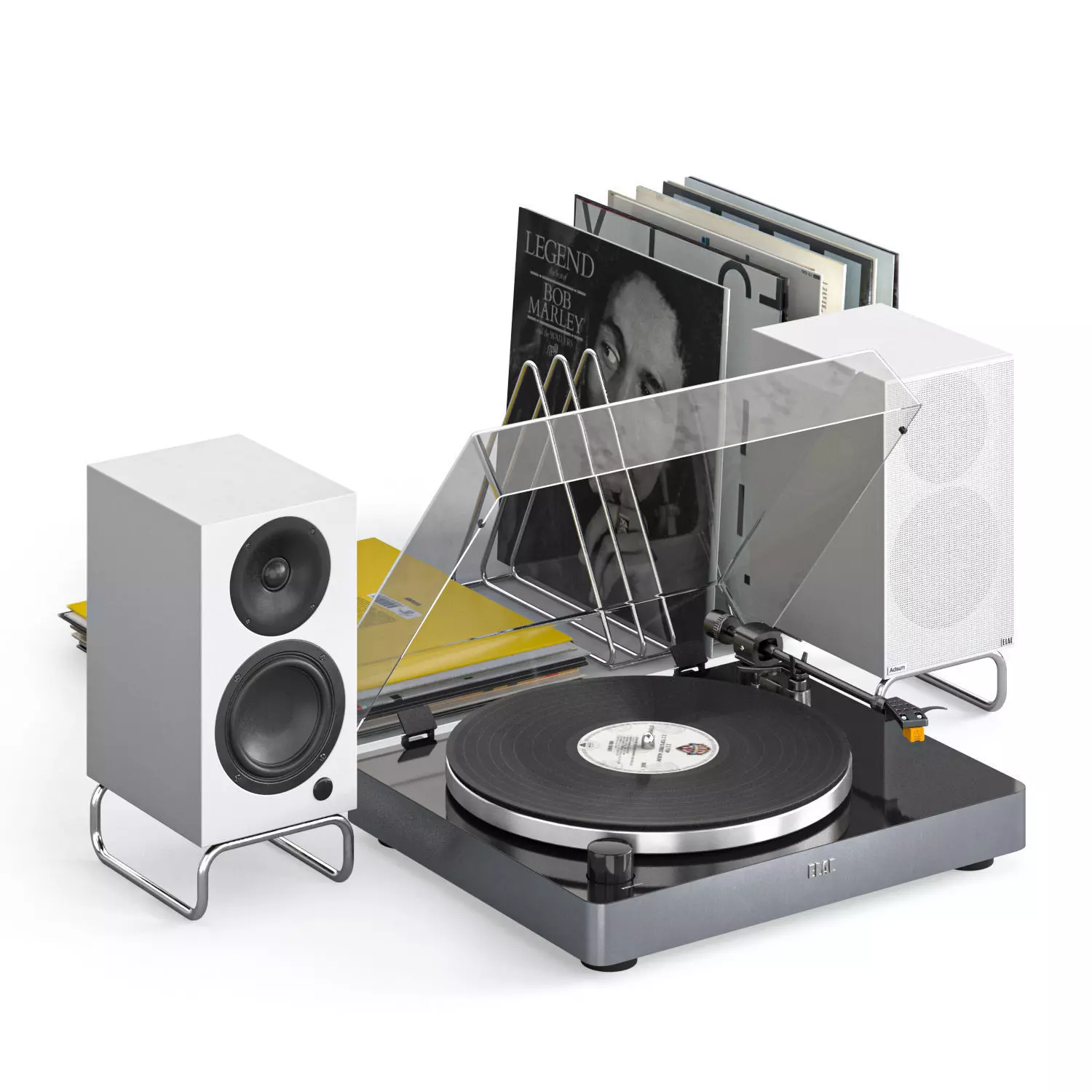 Vinyl player ELAC turntable with speakers and records 3D model_0