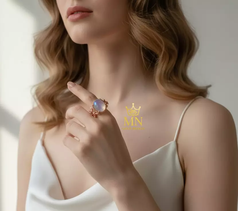 Elysian Moonlight Ring Moonstone Engagement Ring with Leaf Motif 3D print model