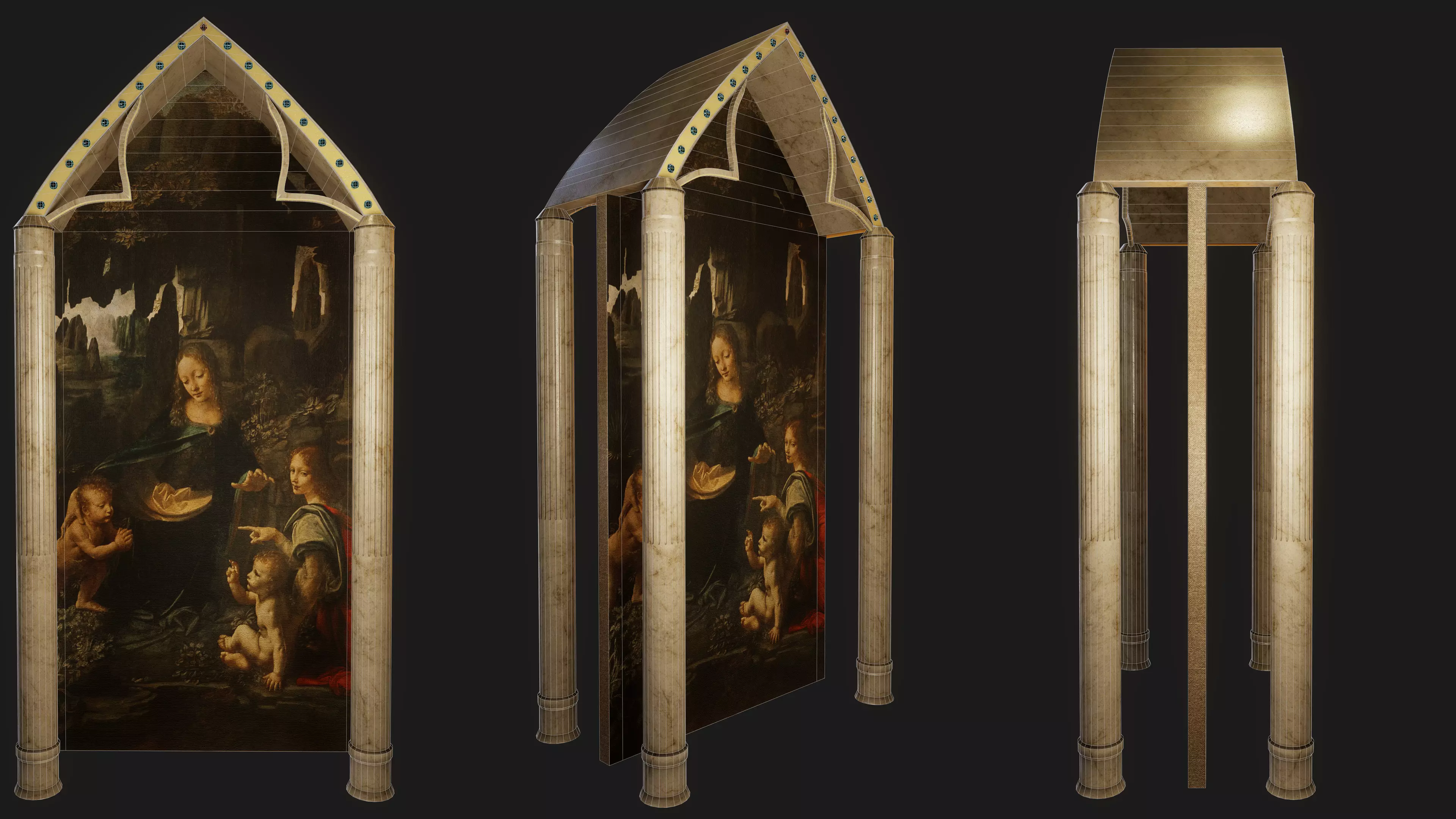 Gothic Altar Triptych with Stone Columns PBR Game Ready Low-poly 3D model_6