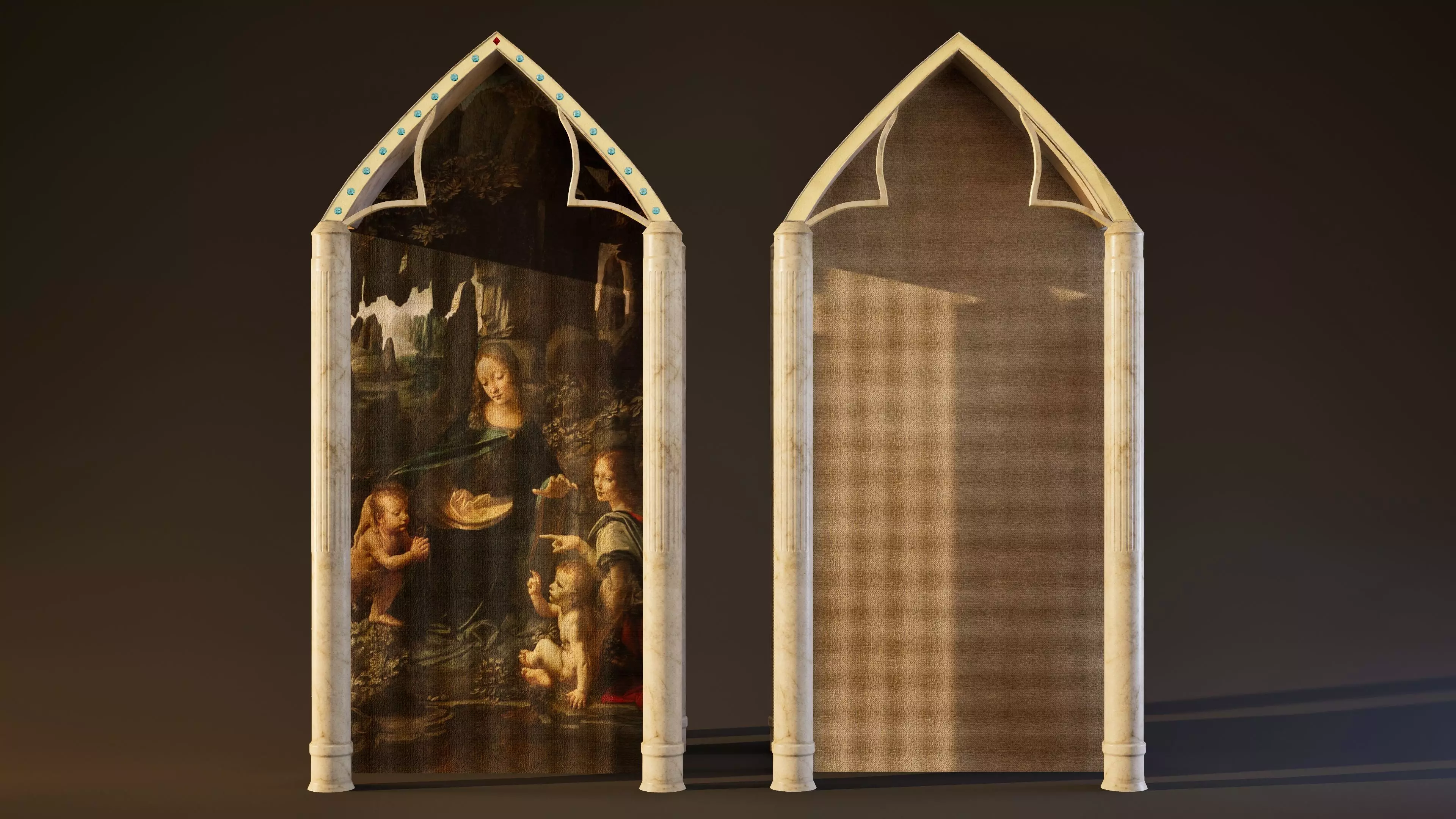 Gothic Altar Triptych with Stone Columns PBR Game Ready Low-poly 3D model_0