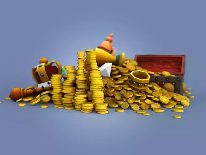 Fantasy Treasure Hoard  with Gold Coins Gems and Royal Artifacts