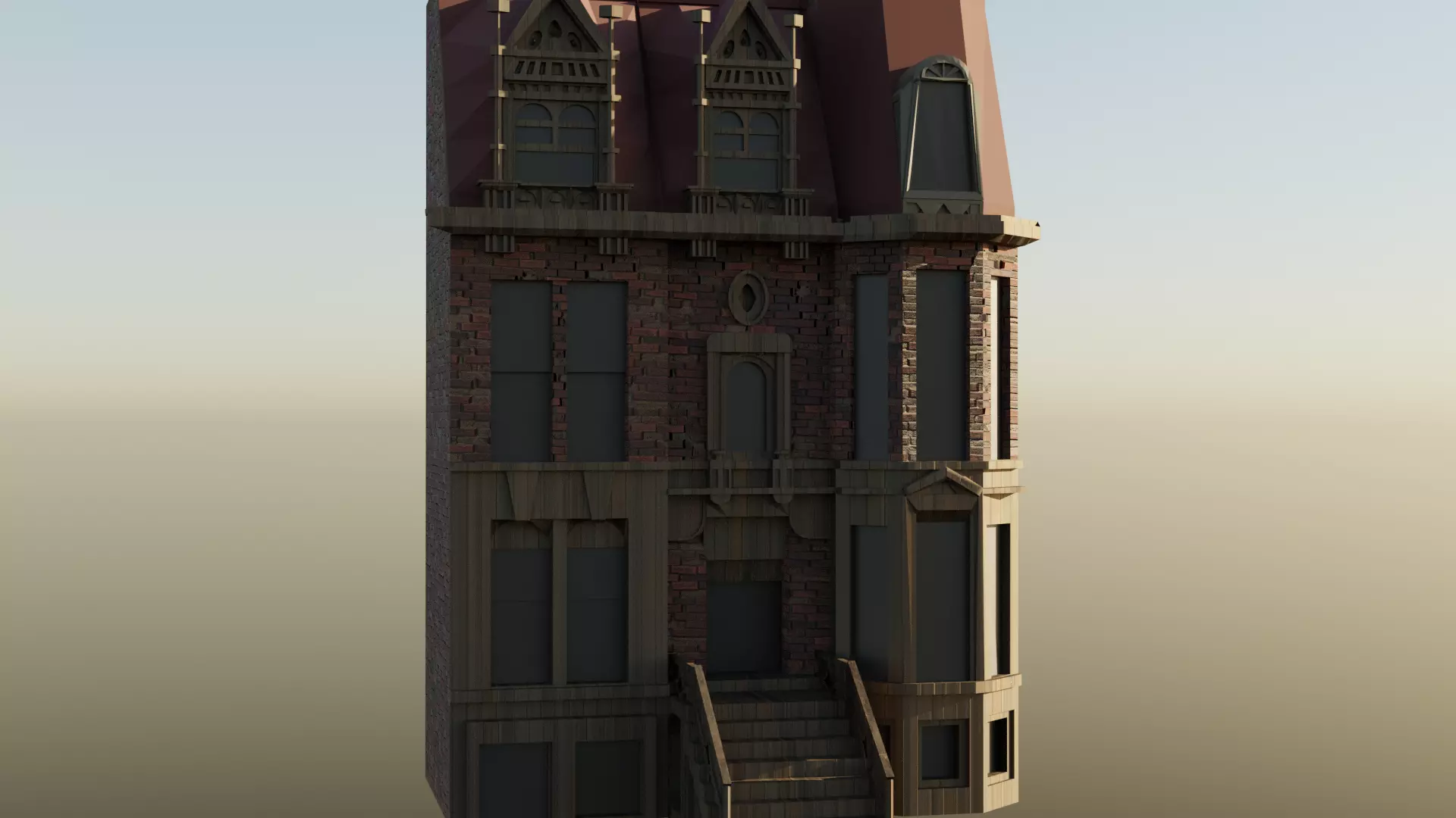Low Poly Gothic Victorian Medieval Mansion Town House Low-poly 3D model_4