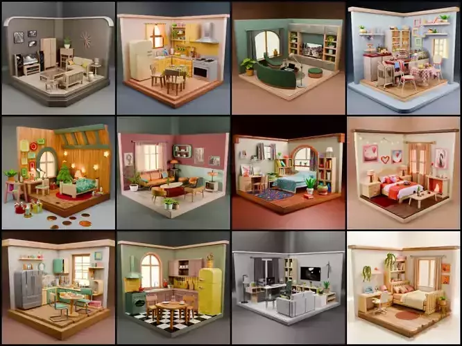 Isometric Rooms Collection  Bedrooms Kitchens Living Rooms   Low-poly 3D model