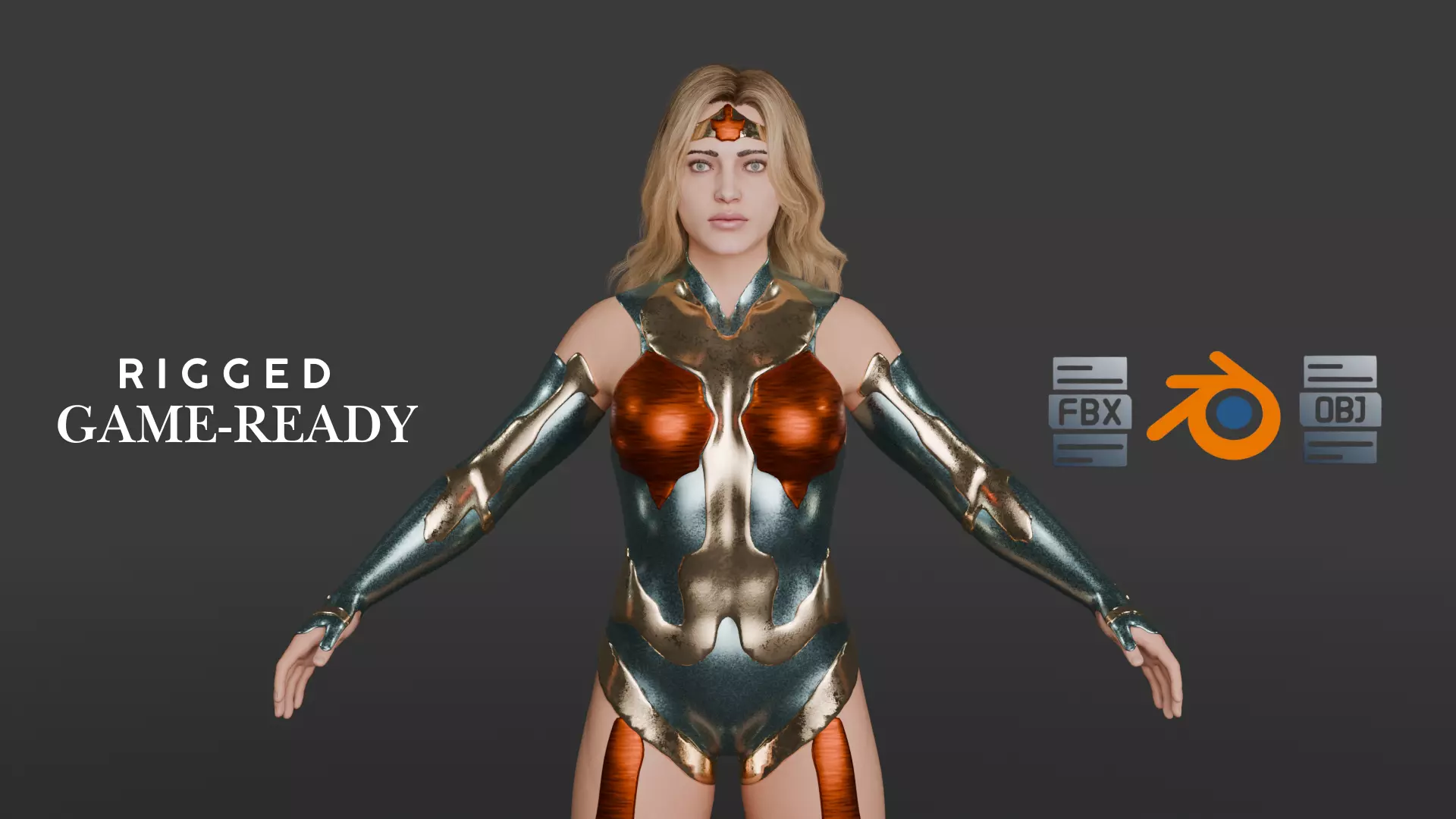 Crimson Valkyrie  Superheroine 3D Character with Armor and Hair Low-poly 3D model_0