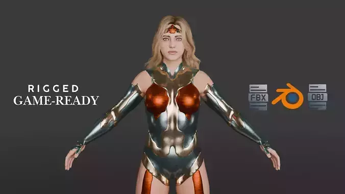 Crimson Valkyrie  Superheroine 3D Character with Armor and Hair Low-poly 3D model