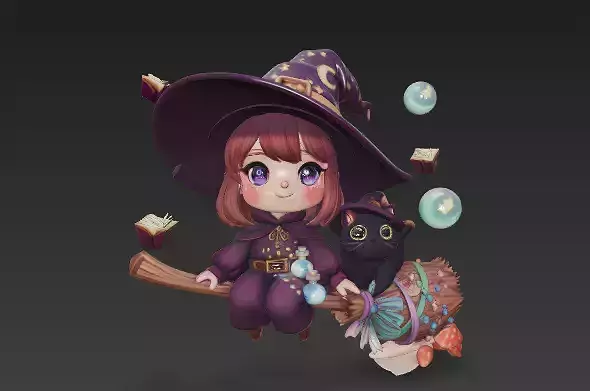 Whimsy and Wonder -The Adorable Chibi Witch Low-poly 3D model