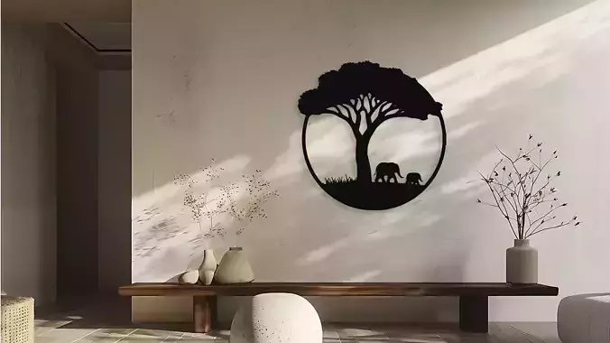 African Tree and Elephants Silhouette Wall Decor