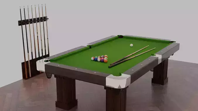 8 Ball Billiard Pool Table and Cues - 3D Model