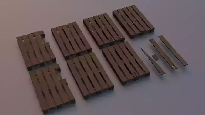 broken wooden pallets set Low-poly 3D model