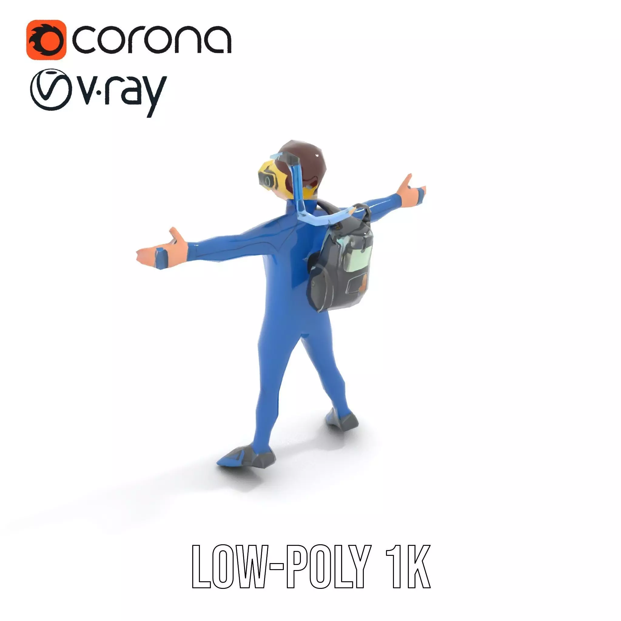 Scuba Diver Character Rigged and Animated Low-poly 3D model_14