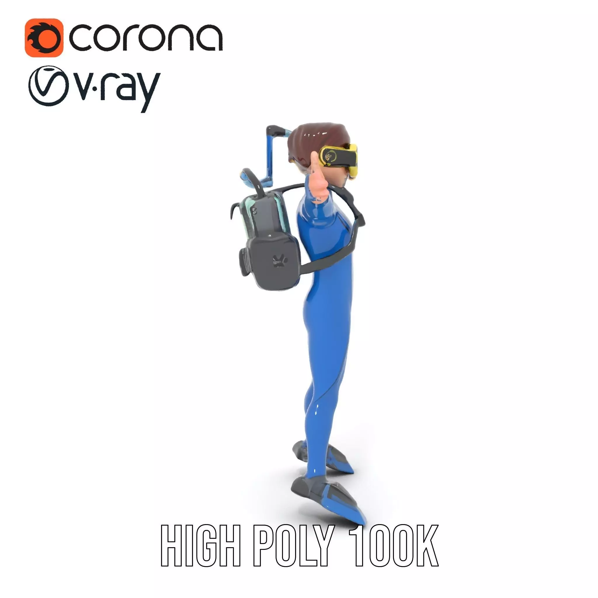 Scuba Diver Character Rigged and Animated Low-poly 3D model_35