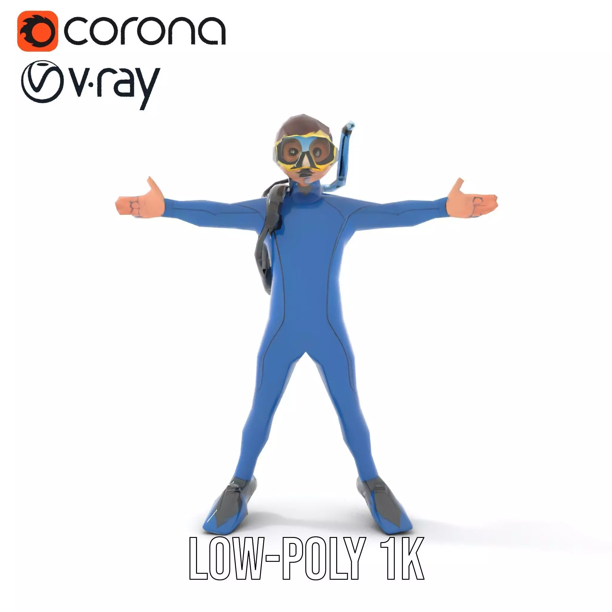 Scuba Diver Character Rigged and Animated Low-poly 3D model_7