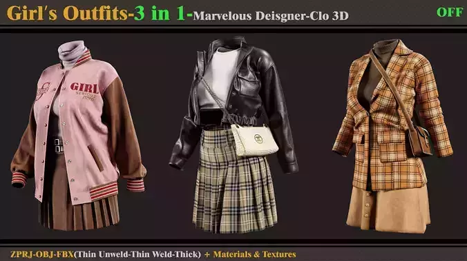 3 in 1 Girls Outfits- MD-Clo3d-OBJ-FBX-ZPRJ-Materials-Textures