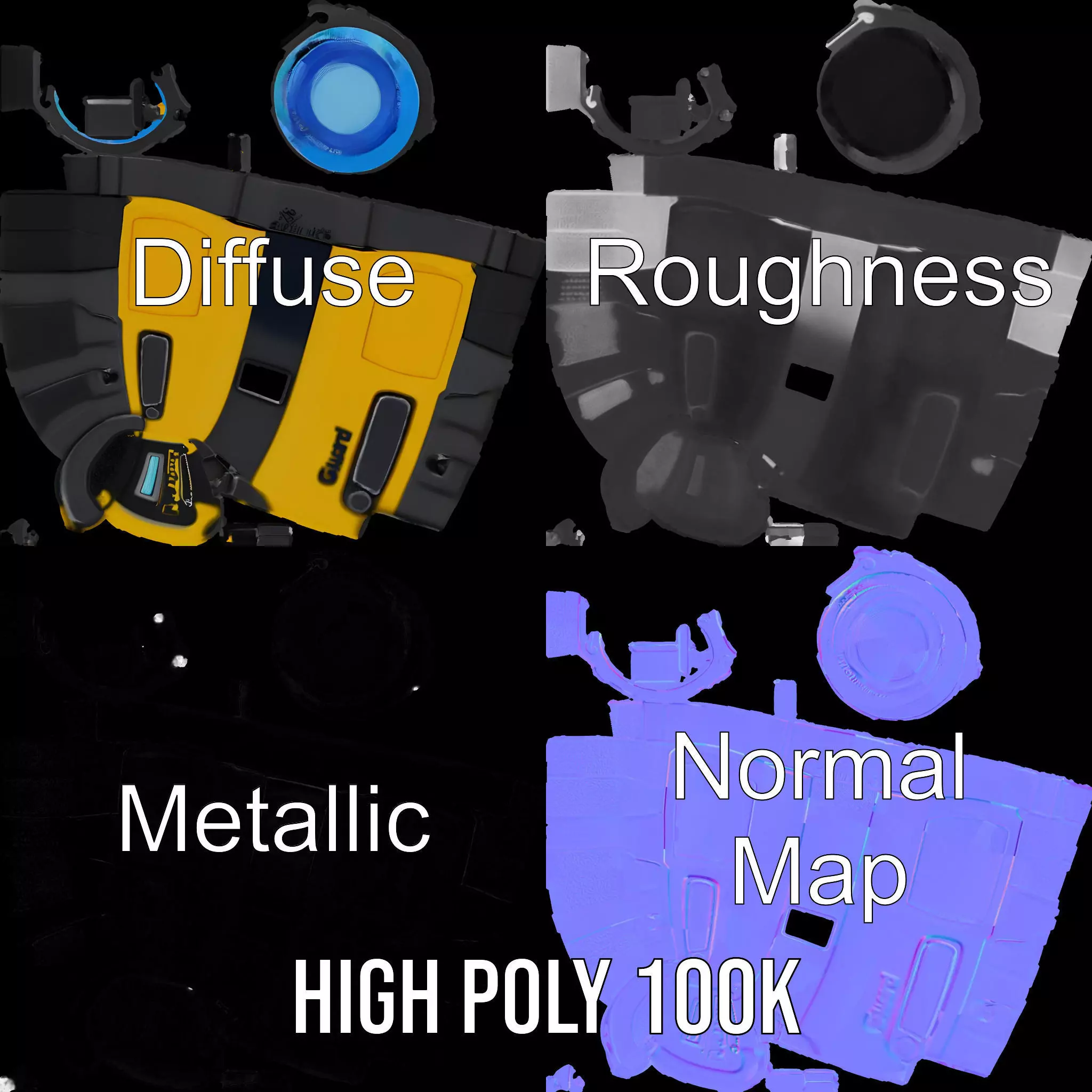 Yellow Handheld Flashlight Model Pack with Blue Lens Low-poly 3D model_4